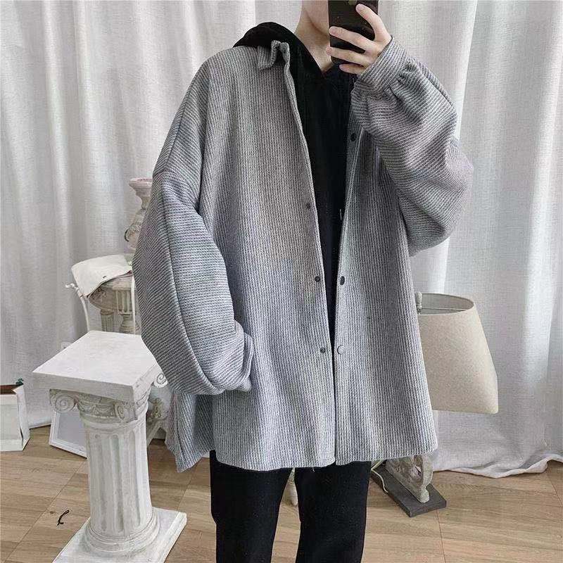 sanyamk Japanese Style Men's Retro Thick Fabric Long Sleeves Shirts Loose Fashion Trend Coats Casual Shirts Black Camisa Masculina