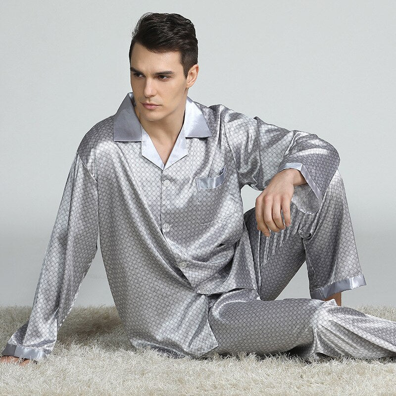 sanyamk Silk Pajamas for Men Sleepwear V-collar Cozy Soft  long sleeve nightgown Tops + Trousers Two Pieces Mens Pajama Set Pajamas Men