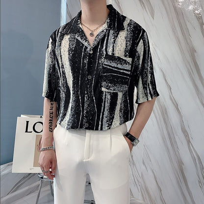 Bonsir Summer Pleated Shirts Men Slim Fashion Retro Pocket Casual Shirts Men Streetwear Korean Tie-dye Shirts Mens Dress Shirts M-2XL