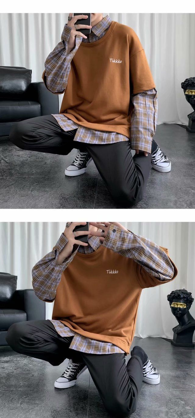 Bonsir Ins Fake Two-piece Tshirts Men's Spring Autumn Loose Plaid Shirt Lapel Long Sleeved T-shirt Student Unisex Casual Top Clothes