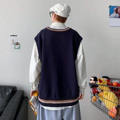 Bonsir -  men's autumn and winter Hong Kong style knitted cardigan V-neck sweater vest vest couple JKDK college style uniform