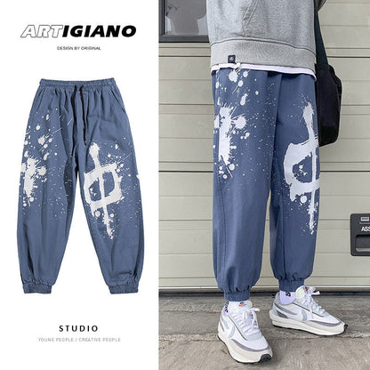 Bonsir Kongfu style country Street painted casual jogger pants men's ruffian handsome nine legged pants fat large pants men joggers