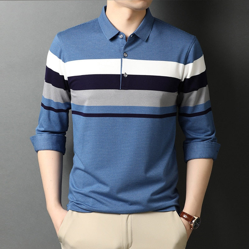 sanyamk Top Quality New Fashion Brand Striped Casual Plain Designer Long Sleeves Man Stretch Polo Shirt Korean Tops Men Clothes