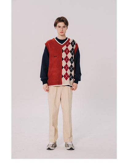 Bonsir Japanese Loose Couple Patchwork Argyle Sweater Vest Men's New Autumn Fashion Harajuku Letter Embroidery Man Pullover Vest