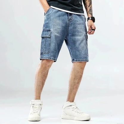 sanyamk Plus Size 40 Men's Loose Blue Denim Shorts Summer New Big Pocket Straight Jeans Cargo Shorts Male Plus Size Five Point Pants