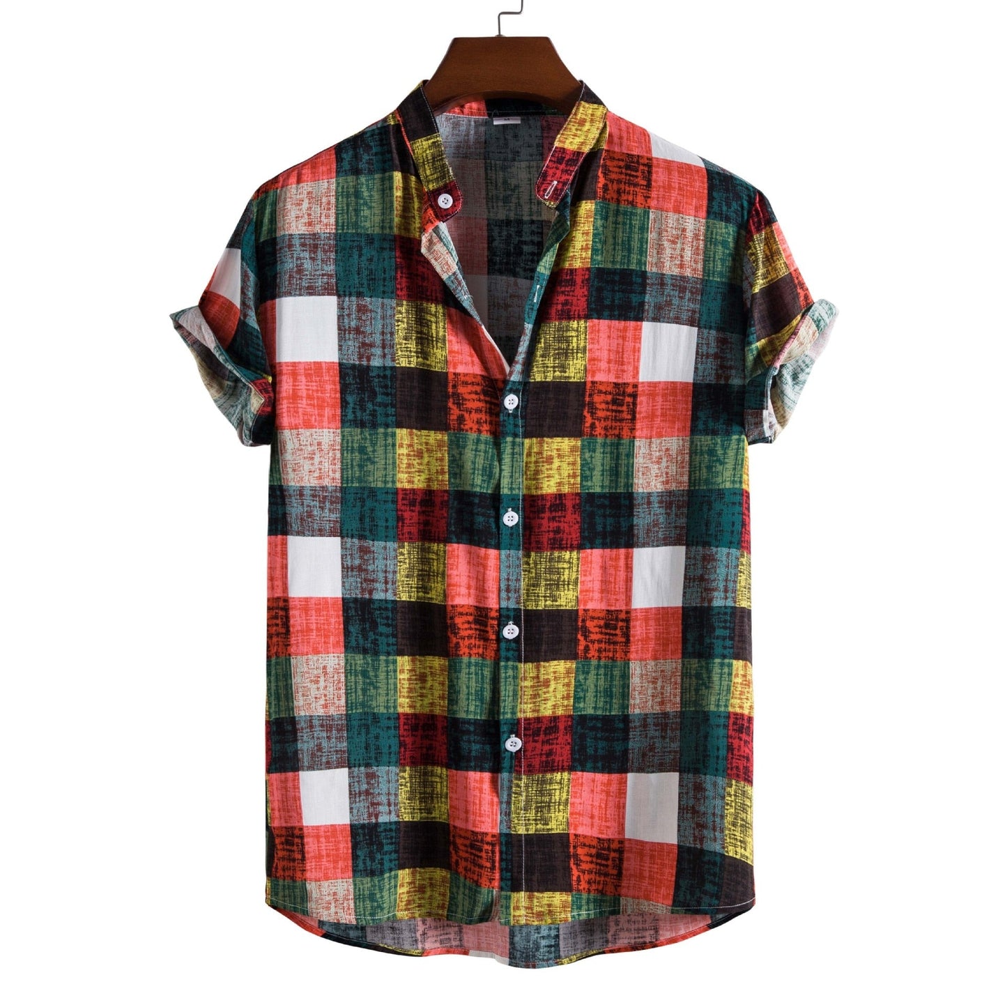 Men Clothing Summer New Men's Fashion Trend Color Plaid Print Stand-up Collar Short-sleeved Shirt Camisas Para Hombre