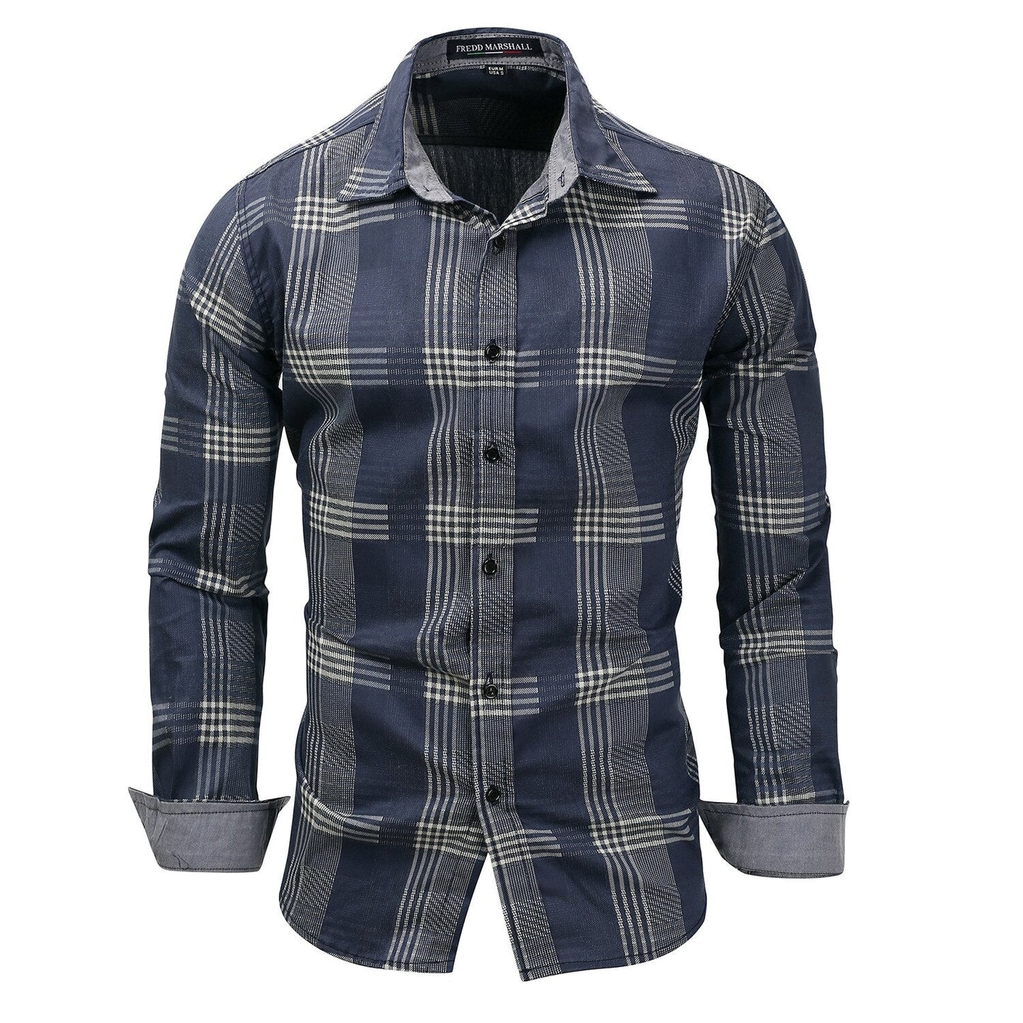 sanyamk New Men's Denim Shirt Plus Size Denim Long-Sleeved Plaid Shirt Washed Denim Casual Color Matching Loose Shirt for Male