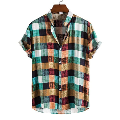 Men Clothing Summer New Men's Fashion Trend Color Plaid Print Stand-up Collar Short-sleeved Shirt Camisas Para Hombre