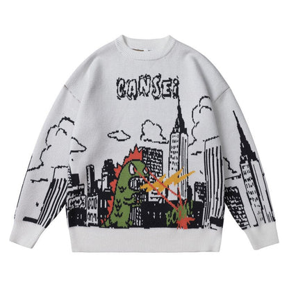 Bonsir Cartoon Youth Sweater Cute Fighting Dinosaurs Printing Autumn Winter Warm Comfortable Round Neck Pullovers Men Knitwear Coats