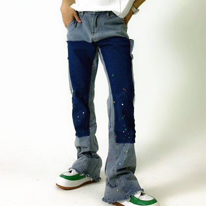 sanyamk High Street Inkjet Patchwork Blue Men Hip Hop Flares Jeans Pants Straight Retro Washed Distressed Denim Trousers Pantalon