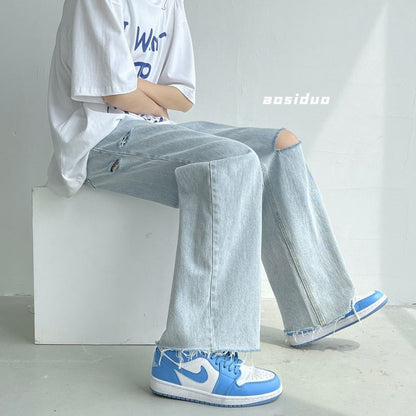 Bonsir Summer Wide-leg Jeans Men's Fashion Light Blue Casual Ripped Jeans Men Streetwear Loose Hip-hop Hole Straight Denim Trousers Men