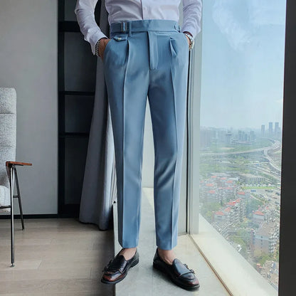 sanyamk New Design Men High Waist Trousers Solid England Business Casual Suit Pants Belt Waistline Straight Slim Fit Bottoms Clothing