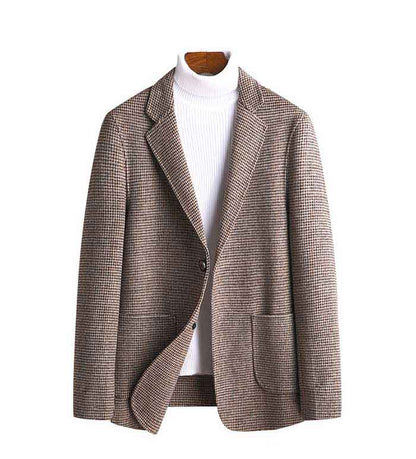 sanyamk Trendy Wollen Blazer Men Casual Slim Fit Plaid Wool Blazer Jacket Office Banquet Wedding Blazer Coat Man Clothing