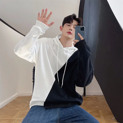 sanyamk Autumn men's black and white contrast color Pullover Hooded Sweater Korean youth high street hip hop loose casual coat trend