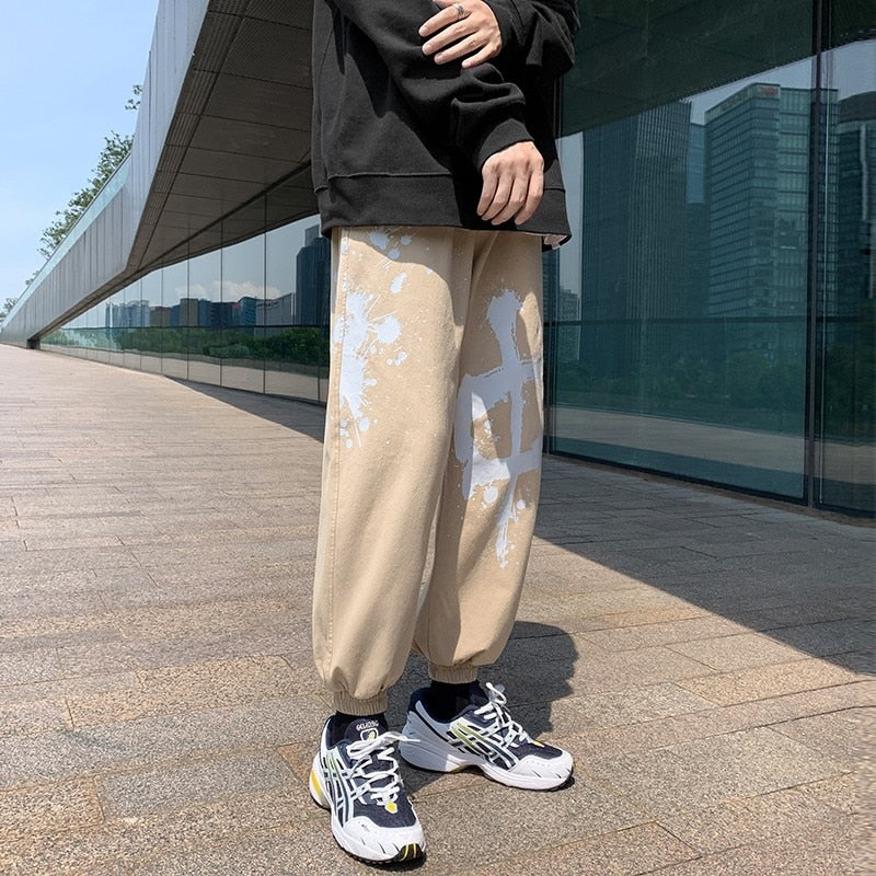 Bonsir Kongfu style country Street painted casual jogger pants men's ruffian handsome nine legged pants fat large pants men joggers