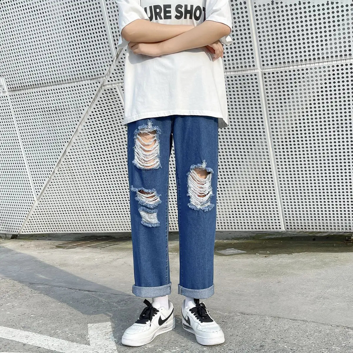 sanyamk Young Men's Loose Tide Brand Ripped Jeans Korean Trend Straight Pants High Street Hip Hop Nine-point Light Pants