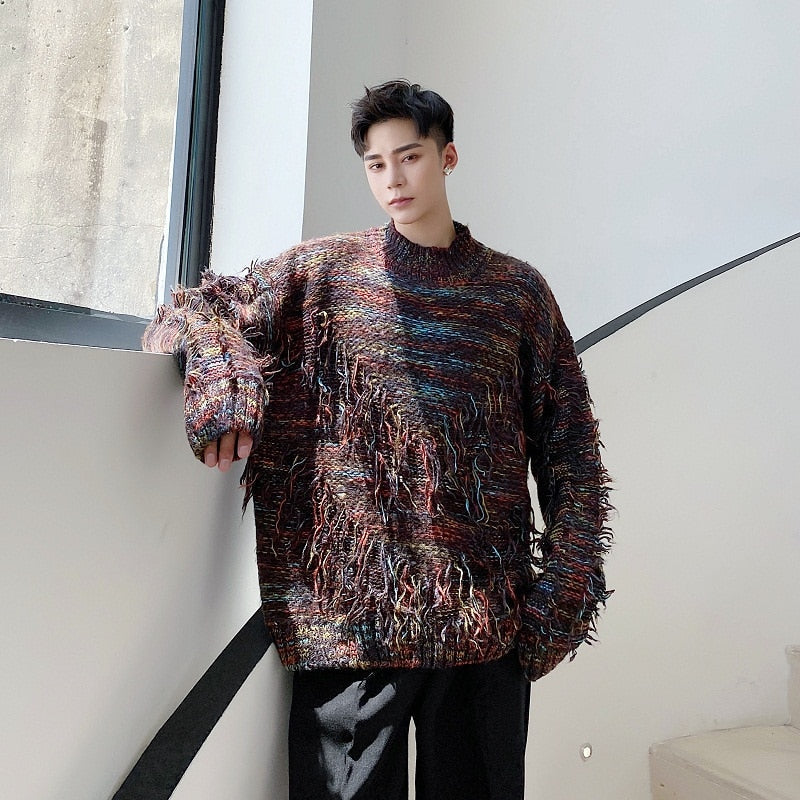 sanyamk Men Thick Knit Thicken Half Turtleneck Tassel Pullover Sweater Male Women Streetwear Vintage Fashion Loose Sweater