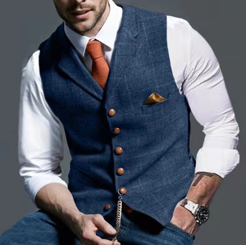 sanyamk Men's Suit Vest Single Breasted V-neck Lapel Mens Vest Plaid Print Waistcoat Jacket Slim Casual Formal Business Male Clothing