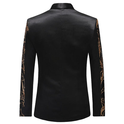 sanyamk Mens Gold Sequins Slim Fit Black Balzer Hip Hop Stage Singers Prom Dress Suit Jacket Party Jacket Men