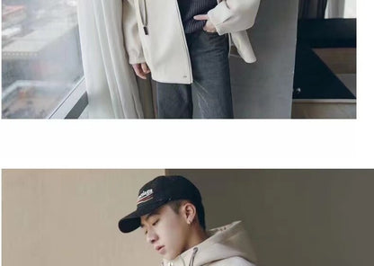 Bonsir Men's Fashion White/black Color Streetwear Jackets Loose Handsome Outerwear In Warm Thickened Hooded Wool Coats M-2XL