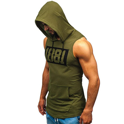 sanyamk Sports Tank Tops Men Fitness Muscle Print Sleeveless Hooded Bodybuilding Pocket Tight-drying Tops Summer Shirt For Men Clothing