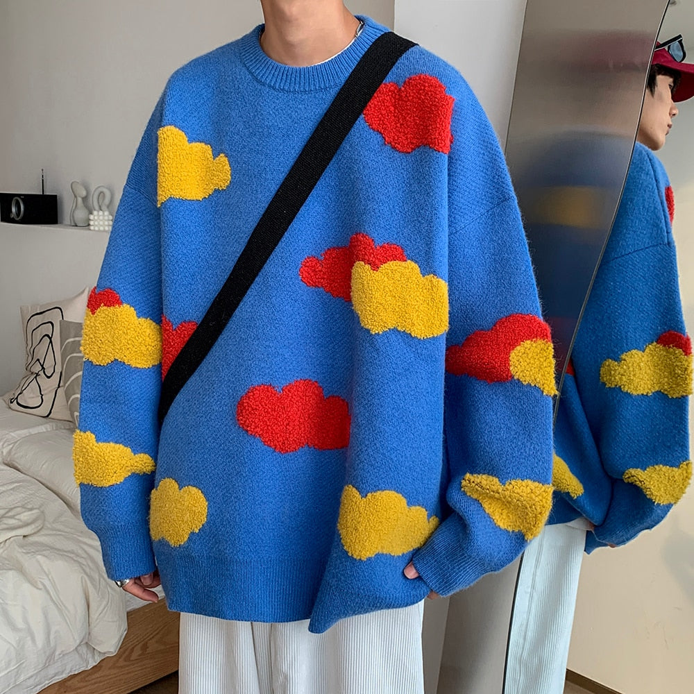 Bonsir Harajuku Patchwork Towel Embroidery Sweater Men's Cloud Mass HIP HOP Streetwear Oversized 3XL Pullovers Autumn Winter Fashion