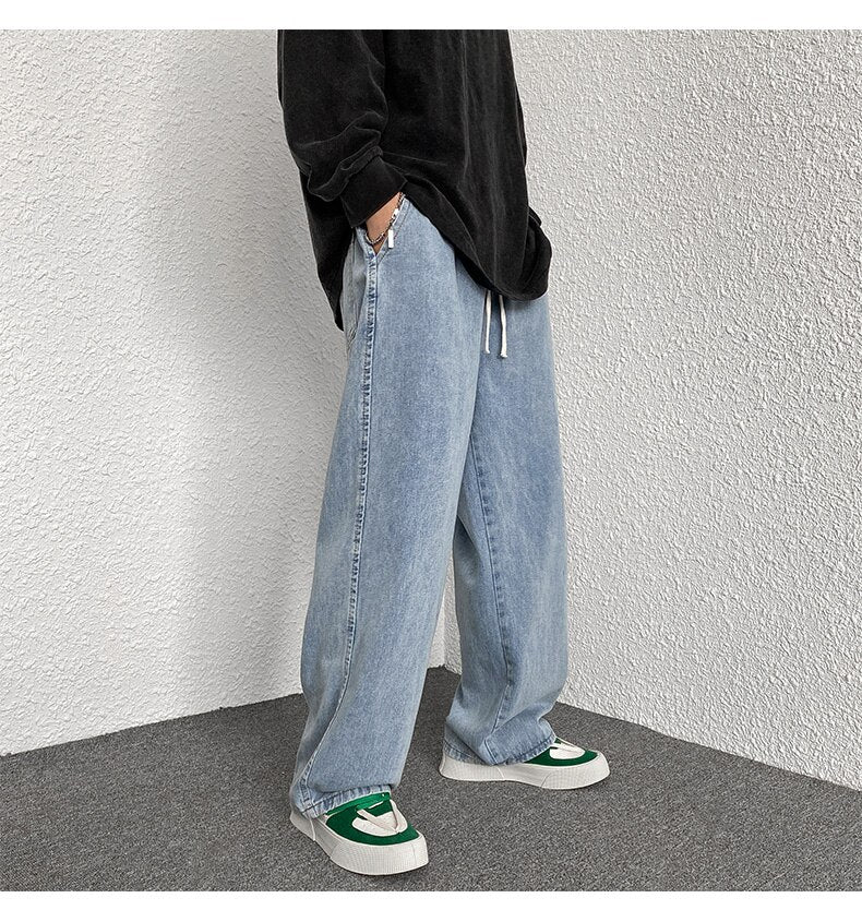 sanyamk Korean Fashion Men Wide Leg Jeans Spring Autumn New Streetwear Straight Baggy Denim Pants Male Elastic Waist Trousers 5XL-M