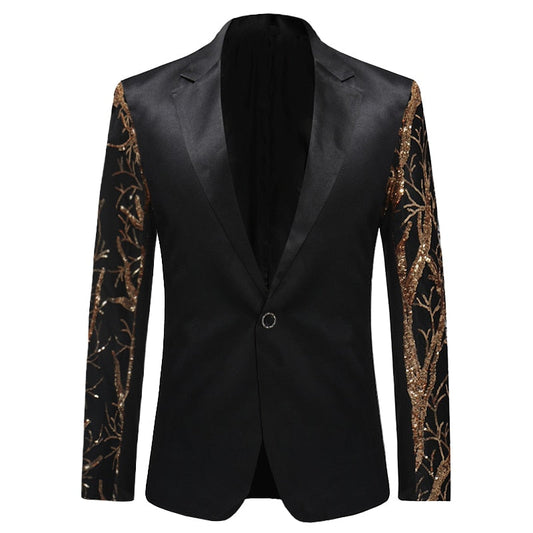 sanyamk Mens Gold Sequins Slim Fit Black Balzer Hip Hop Stage Singers Prom Dress Suit Jacket Party Jacket Men