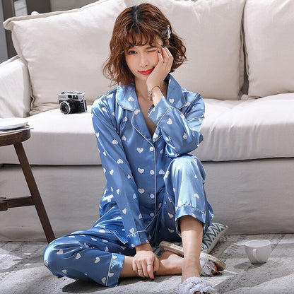 sanyamk New Lounge Wear Women Nightwear Satin PJS Suit Couple Pajamas Set 2PCS Shirt&Pants Soft Striped Lovers Sleepwear Homewear