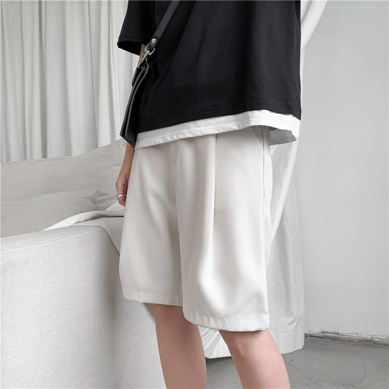 sanyamk Summer Men Shorts Straight Fit Knee-Length Short Suit Pant Solid Beige Black Summer Clothing Student Thin Casual Shorts Man