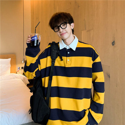 Bonsir Autumn Lapel Hoodie Men's Fashion Hit Color Casual Striped Hoodies Mens Streetwear Loose Hip-hop Pullover Sweatshirt Men Hoody