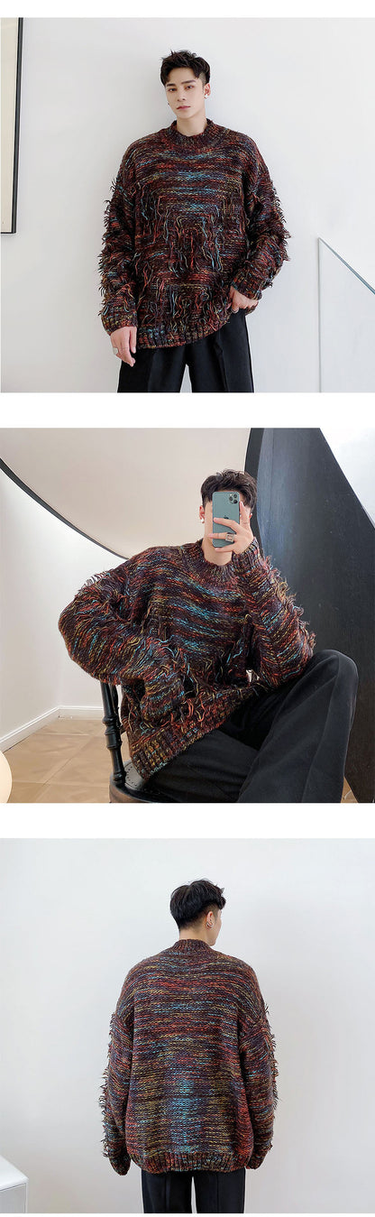 sanyamk Men Thick Knit Thicken Half Turtleneck Tassel Pullover Sweater Male Women Streetwear Vintage Fashion Loose Sweater