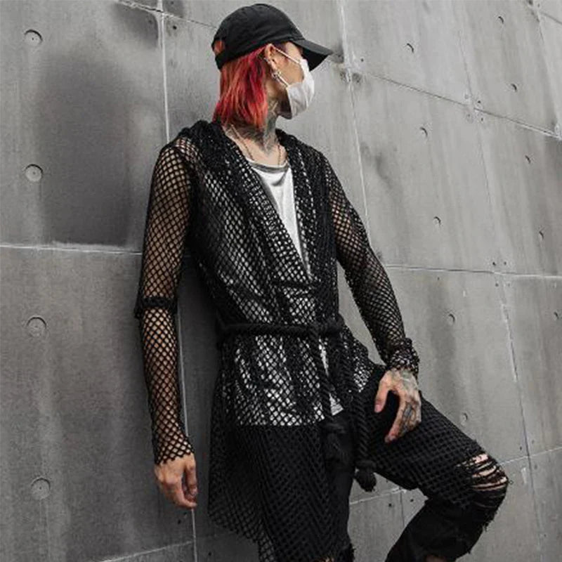 sanyamk Nightclub DJ singer sexy mesh hip hop punk rock t shirt long tops with waist rope mens harajuku gothic hooded tee shirts cloak