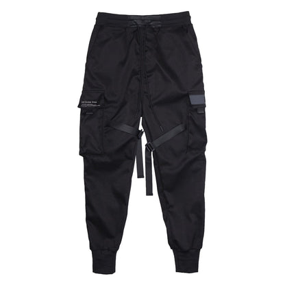 Bonsir Hip Hop Cargo Pants Ribbons Men Black Streetwear Harajuku Techwear Tactical Pants Trousers Harem Joggers Sweatpants Punk