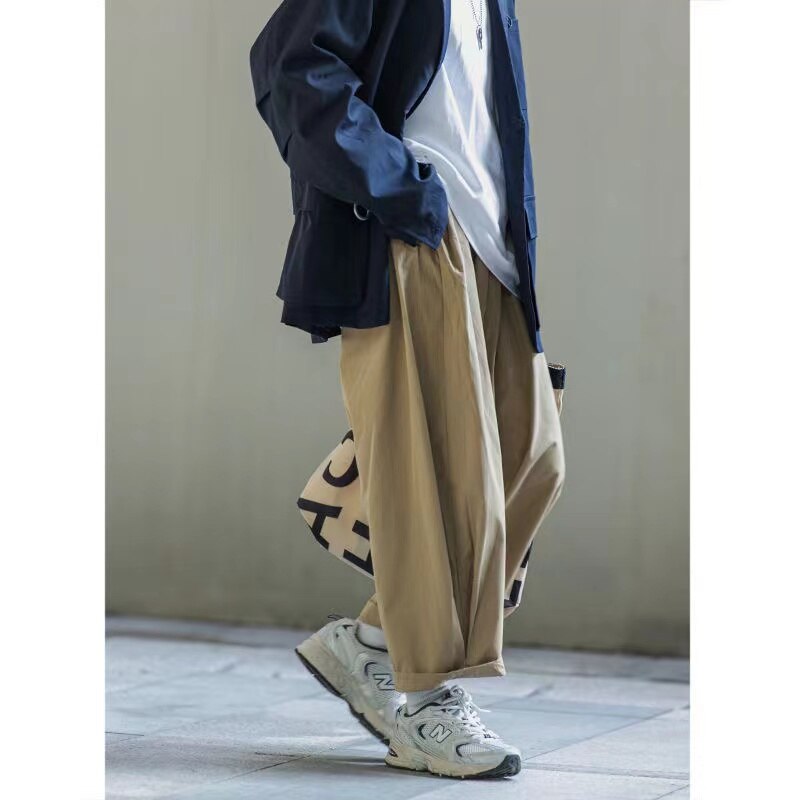 sanyamk Japanese Style Men's Street Retro Design Wide Leg Pants Loose Straight Neutral Work Casual Pants Baggy Kahki Color Trousers