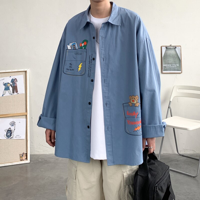 Bonsir Beautiful dirty shop homemade cartoon graffiti work clothes long sleeved shirt men's autumn fashion loose casual shirt body