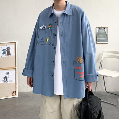Bonsir Beautiful dirty shop homemade cartoon graffiti work clothes long sleeved shirt men's autumn fashion loose casual shirt body