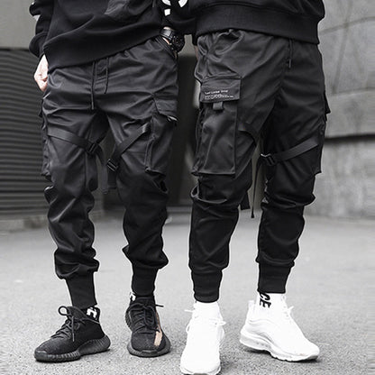 Bonsir Hip Hop Cargo Pants Ribbons Men Black Streetwear Harajuku Techwear Tactical Pants Trousers Harem Joggers Sweatpants Punk