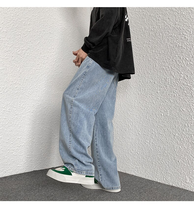 sanyamk Korean Fashion Men Wide Leg Jeans Spring Autumn New Streetwear Straight Baggy Denim Pants Male Elastic Waist Trousers 5XL-M