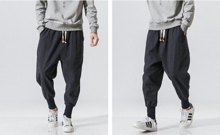 Bonsir Cotton Linen Harem Pants Men Solid Elastic Waist Streetwear Joggers New Baggy Drop-crotch Pants Casual Trousers Men