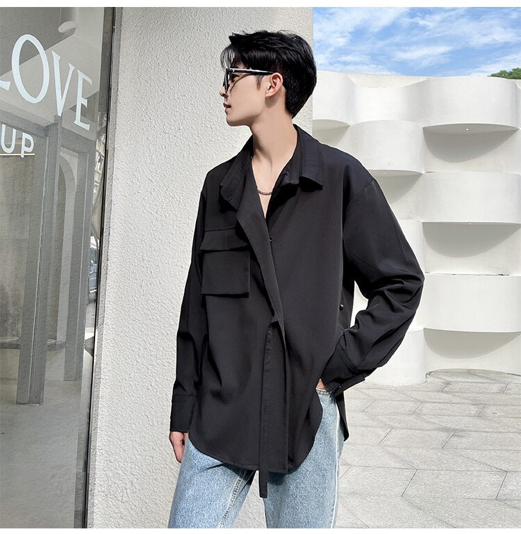 Bonsir Korean Style Men's Solid Color Long Sleeve Ribbon Shirts White/black Irregular Shirts Camisa Masculina Streetwear Clothes