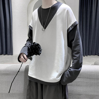 sanyamk Fake two long sleeved t-shirt men's autumn black and white contrast color sweater youth trend men's loose casual large coat