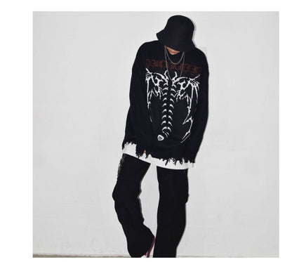 Bonsir Punk Gothic Wings Pattern Embroidery Destruction Style Oversized Sweater women Y2k Street Hip Hop Crew Neck Sweater Couple