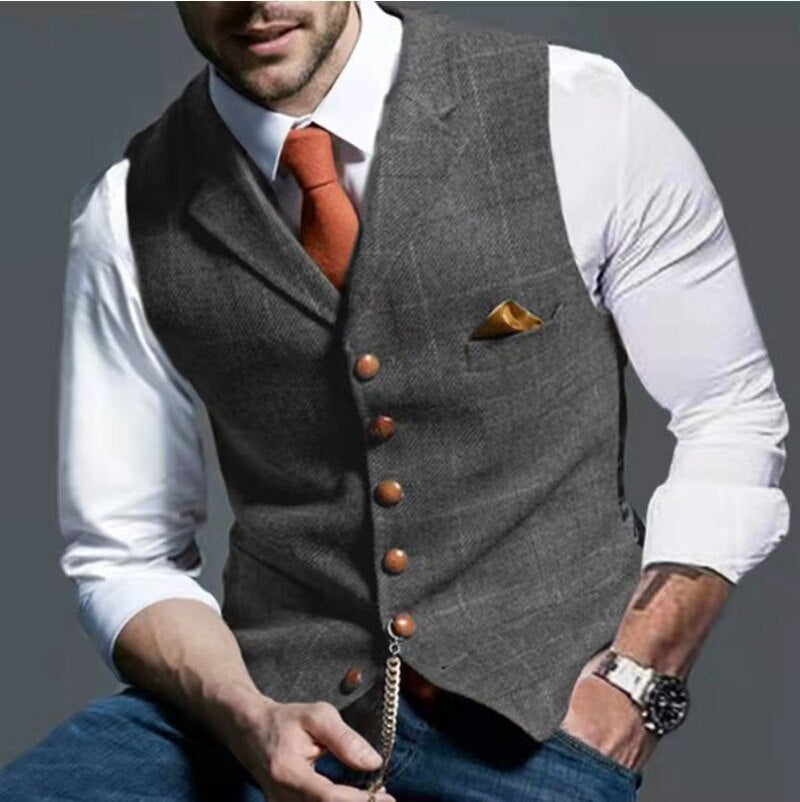 sanyamk Men's Suit Vest Single Breasted V-neck Lapel Mens Vest Plaid Print Waistcoat Jacket Slim Casual Formal Business Male Clothing