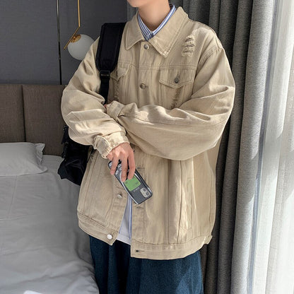 sanyamk Men Autumn New Denim Jackets Solid Casual Jean Jacket Rice White/Black/Army green Korean Fashion Jeans Coat Loose Outerwear