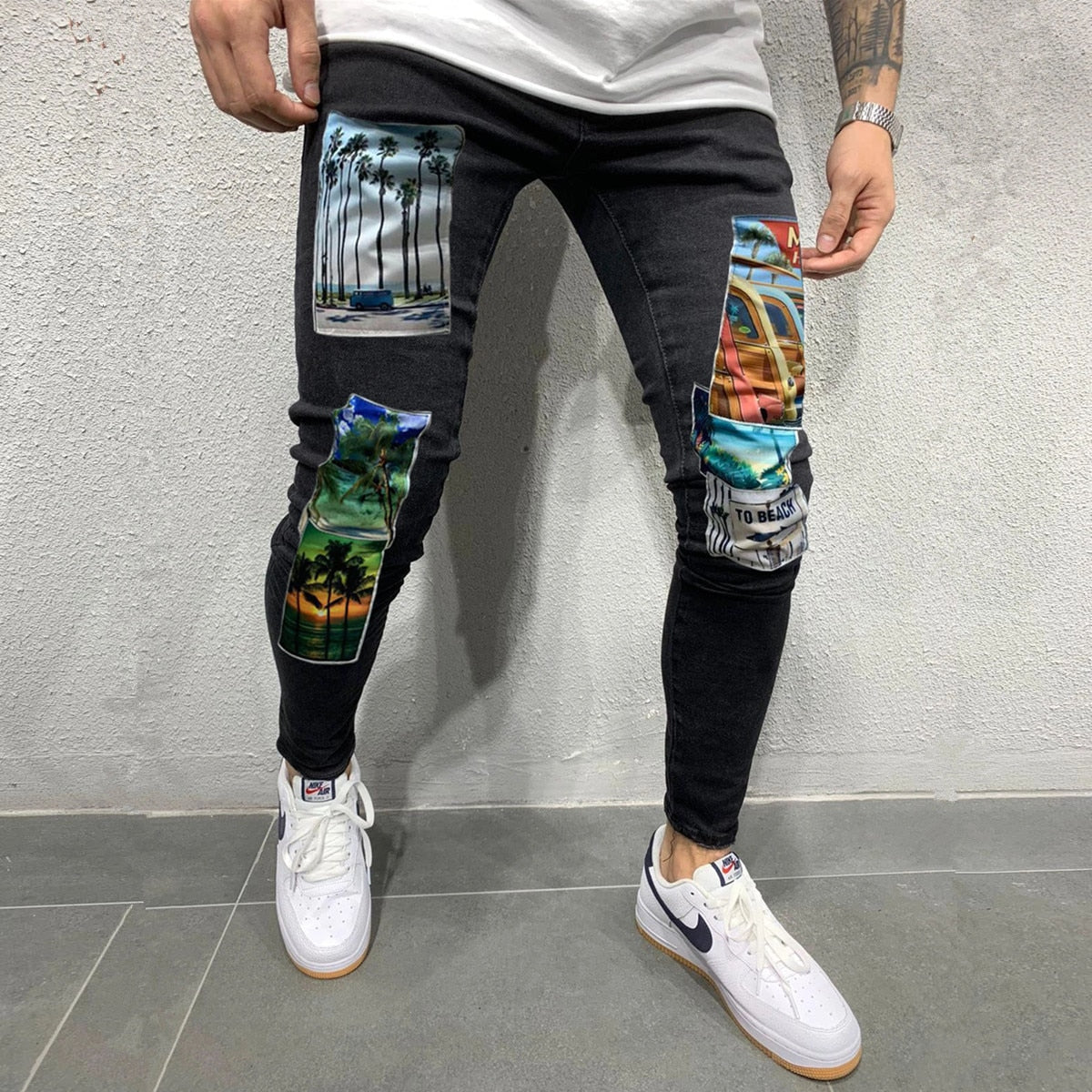 Bonsir New Fashion Mens Jeans Stretch Skinny Patchwork Cartoons Printed Black Jean Men Streetwear Denim Punk Pants Vaqueros Hombre