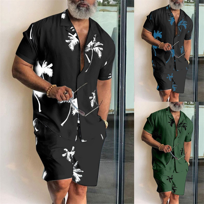 sanyamk trendy mens fashion mens summer outfits  dope outfits  Men Hawaiian Sets Beach Style Coconut Tree Printing Two Pieces Summer Suit Men Turn-down Collar Button Shirt & Pocket Shorts Set