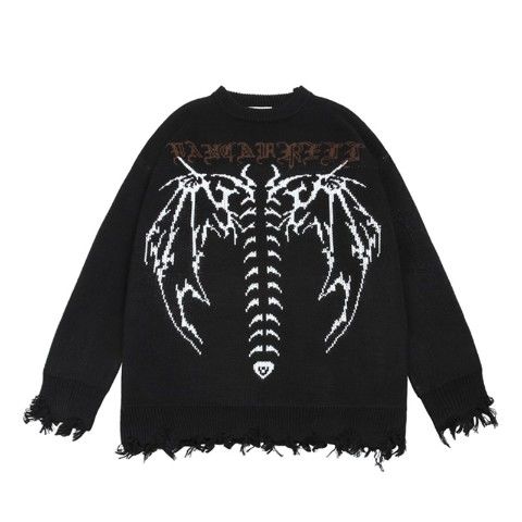 sanyamk Punk Gothic Wings Pattern Embroidery Destruction Style Oversized Sweater women Y2k Street Hip Hop Crew Neck Sweater Couple