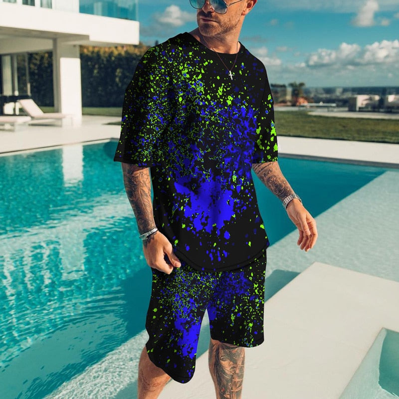 sanyamk trendy mens fashion mens summer outfits dope outfits mens street style mens spring fashion aesthetic outfits menSplatter Colorful Paint Stains 3D Print Casual Men Sets Short Outfits T Shirt+Shorts Male Tracksuit Set Men's Clothing 2 Pcs Set