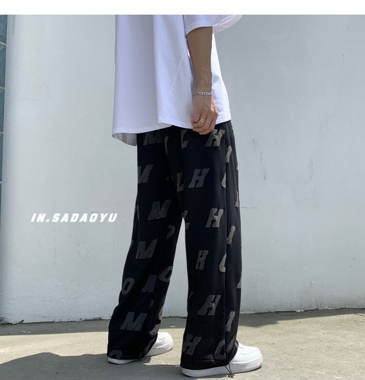 Bonsir Summer Casual Wide Leg Pants For Men Lightweight Streetwear Letter Printed Straight Pants Fashion Sweatpants Trousers 2XL-M